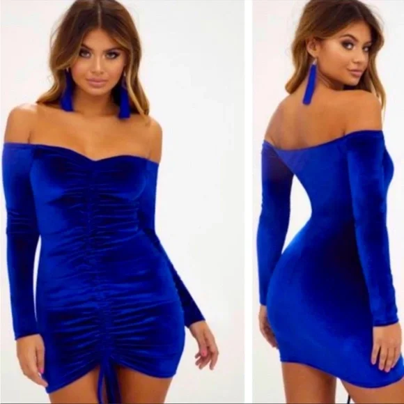 blue velvet dress pretty little thing Plus Ella Short Velvet Tie Up Back Dress